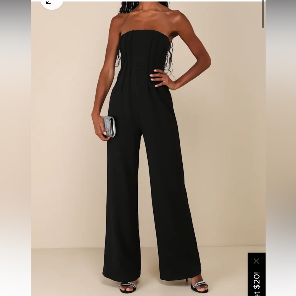 Lulus Stylish Composure Black Strapless Pintuck Wide-Leg Jumpsuit Small